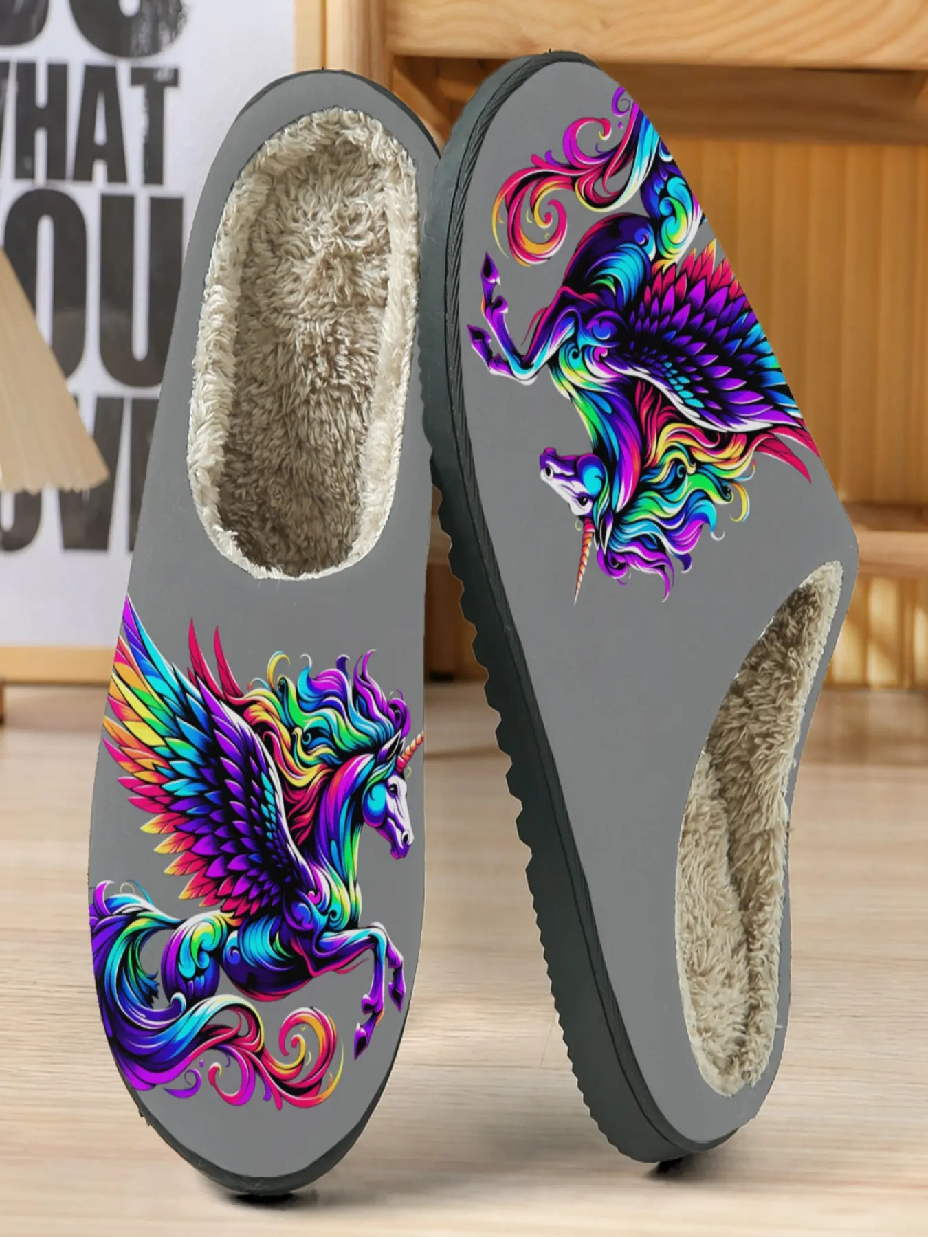Rainbow Unicorn Cotton Slippers, Warm Fuzzy Lining, Colorful Unicorn Design, Casual Home Shoes, Perfect Gift for Girls