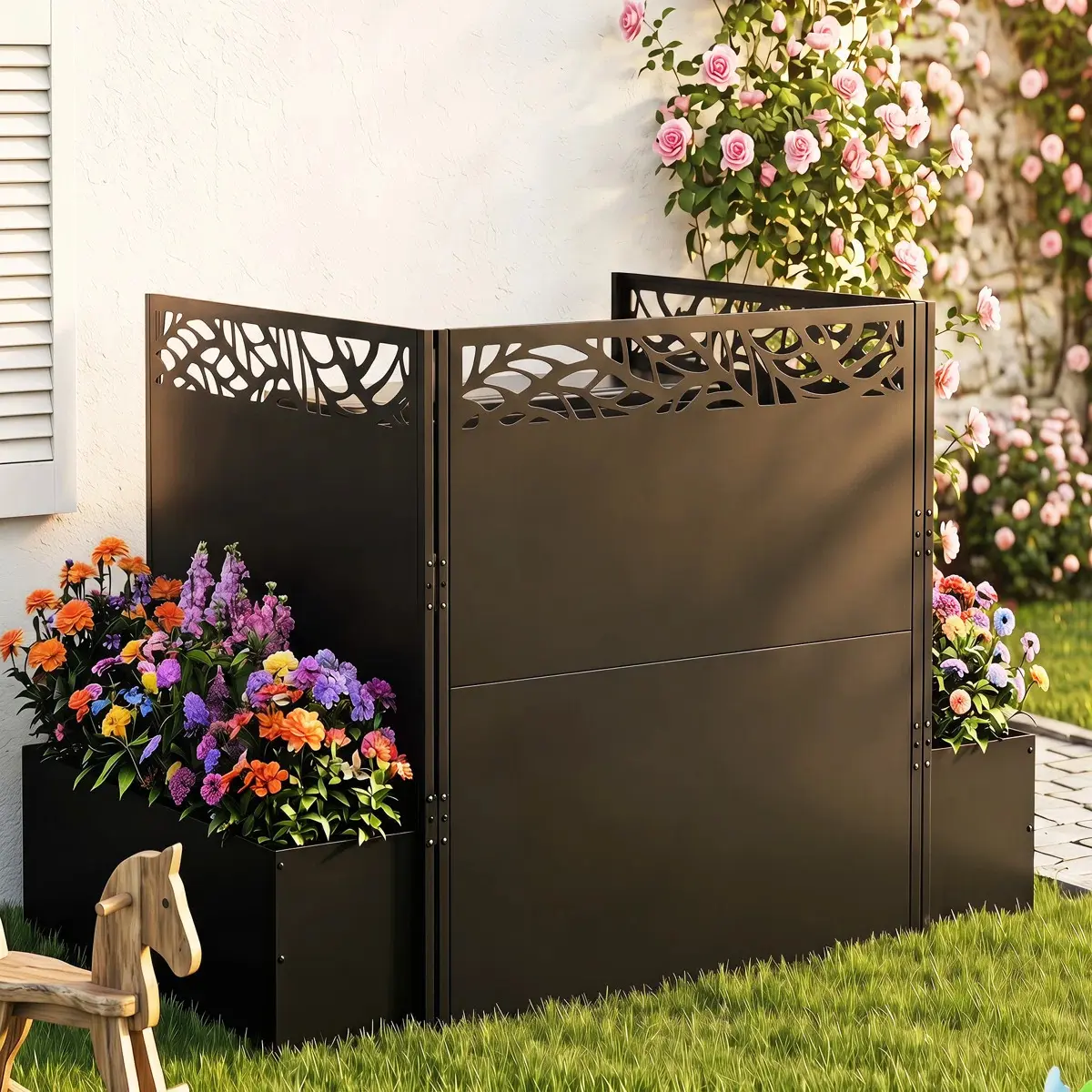 NAVINE Metal Air Conditioner Enclosure Fence, 3-Panel Privacy Screen with Planter Box, Black Outdoor Cover for Trash Can/Pool Equipment, 40.7" W x 39.5" H, Garden Buildings Enclosure, Enclosure Garden Buildings