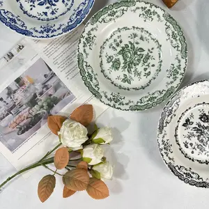 Vintage Flower Pattern Ceramic Plate, 4 Counts/set Exquisite Retro Style Dessert Plate, Household Tableware Dinner Plates for Home Kitchen Dining Room, Ceramics Plate