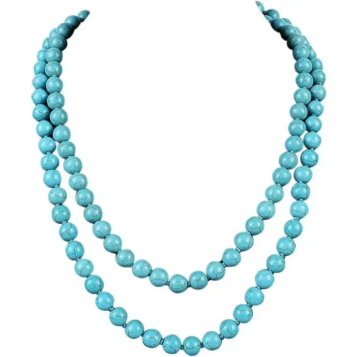 Long Turquoise Beaded Strand Necklace Endless Round Beads Multi Layer Heart Yoga Meditation Prayer Handmade Gemstone for Women Healing Aesthetic Jewelry, Bead String Necklaces, Gemstone Charms Necklaces