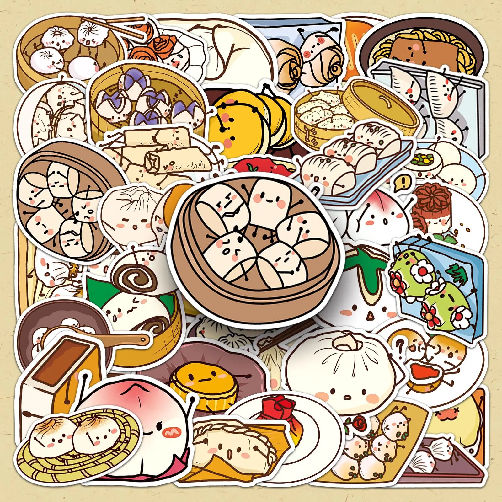 Chinese Dim Sum Food Pattern Sticker, 50pcs/set Cute Creative Pattern Decorative Sticker, DIY Decals for Scrapbooking, Journaling, Gift Wrapping, Aesthetic Stickers