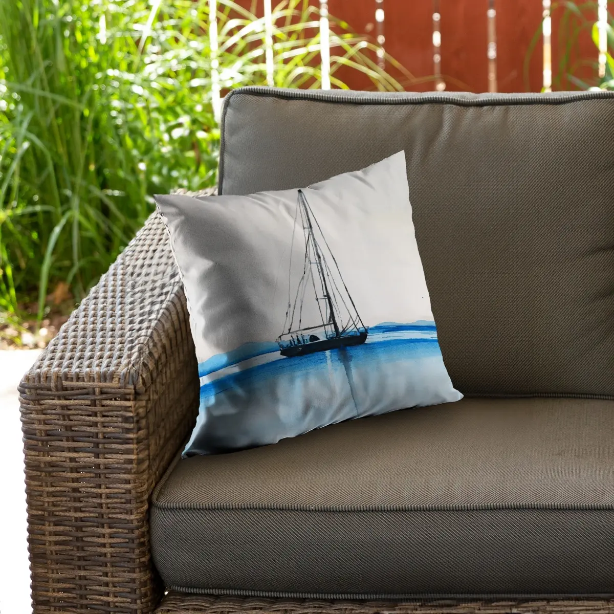 360 Stand 18x18 in. Spun Polyester Square Cushion - Nautical Sailboat-on-Calm-Water Outdoor Throw Pillow, UV Protected, Weather Resistant, Soft Cushion for Porch Swing, Boat Travel Decor, Porch Swing Cushions