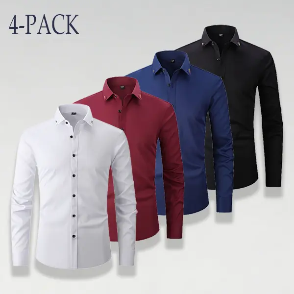 Men’s 4-Pack Embroidered Collar Longsleeves Shirts - No Iron, Business Casual Menswear Tops, Available in White, Red, Dark Blue, Black
