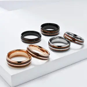 Tungsten Steel Wood Grain Couple Rings, Dual Inlay Design, Luxury Fashion Matching Rings