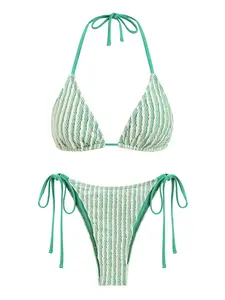 SEAMOLY Women's Acrylic 2-Piece Stripe Colorblock Halter Bikini Set - Triangle Tops, Tie-Back Neckline, Padded Wire-Free, High-Stretch Fabric, for Beach, Summer Sports, Halter Bikini Sets