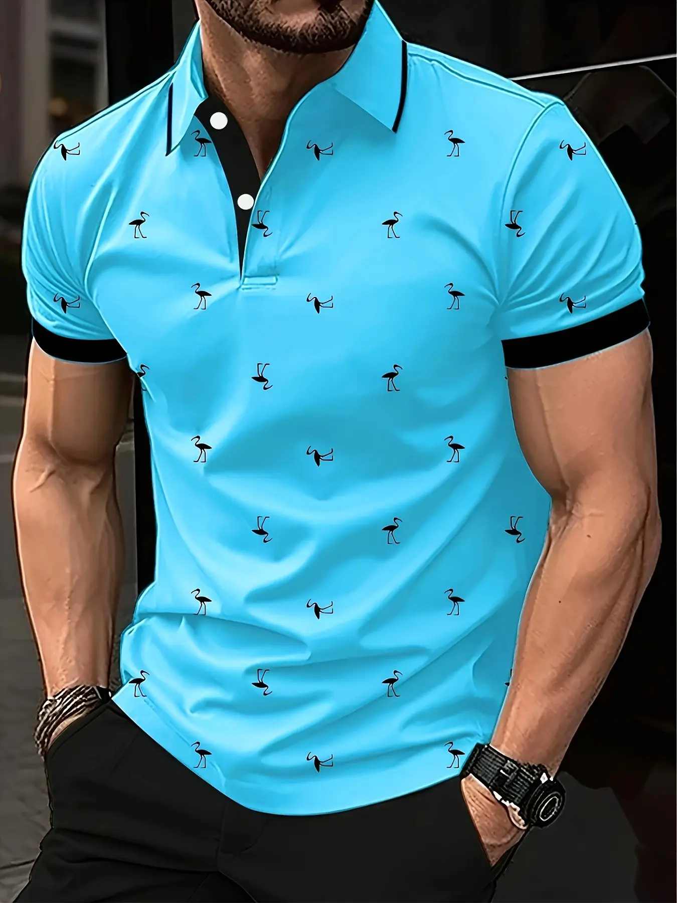 Men's stylish and fashionable Polo shirt - casual light blue, tropical flamingo men's short-sleeved top, polyester fiber, machine washable, knitted fabric, ideal choice for casual wear