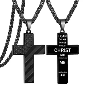 American Flag Cross Necklace for Men with Bible Verse, Stainless Steel Christian Patriotic Necklace for him, Pendant Necklace Jewelry Pendant Gift For Male Son Grandson Dad Husband