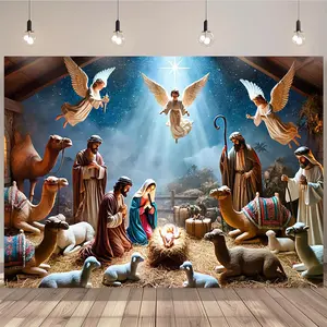 1pc Self-Lit Polyester Nativity Scene Backdrop - 2D Flat Elegant White Banner, Glowing Light, Angels, Virgin Mary, Joseph, Baby Jesus, Large Stable, Starry Night Sky for Church Events