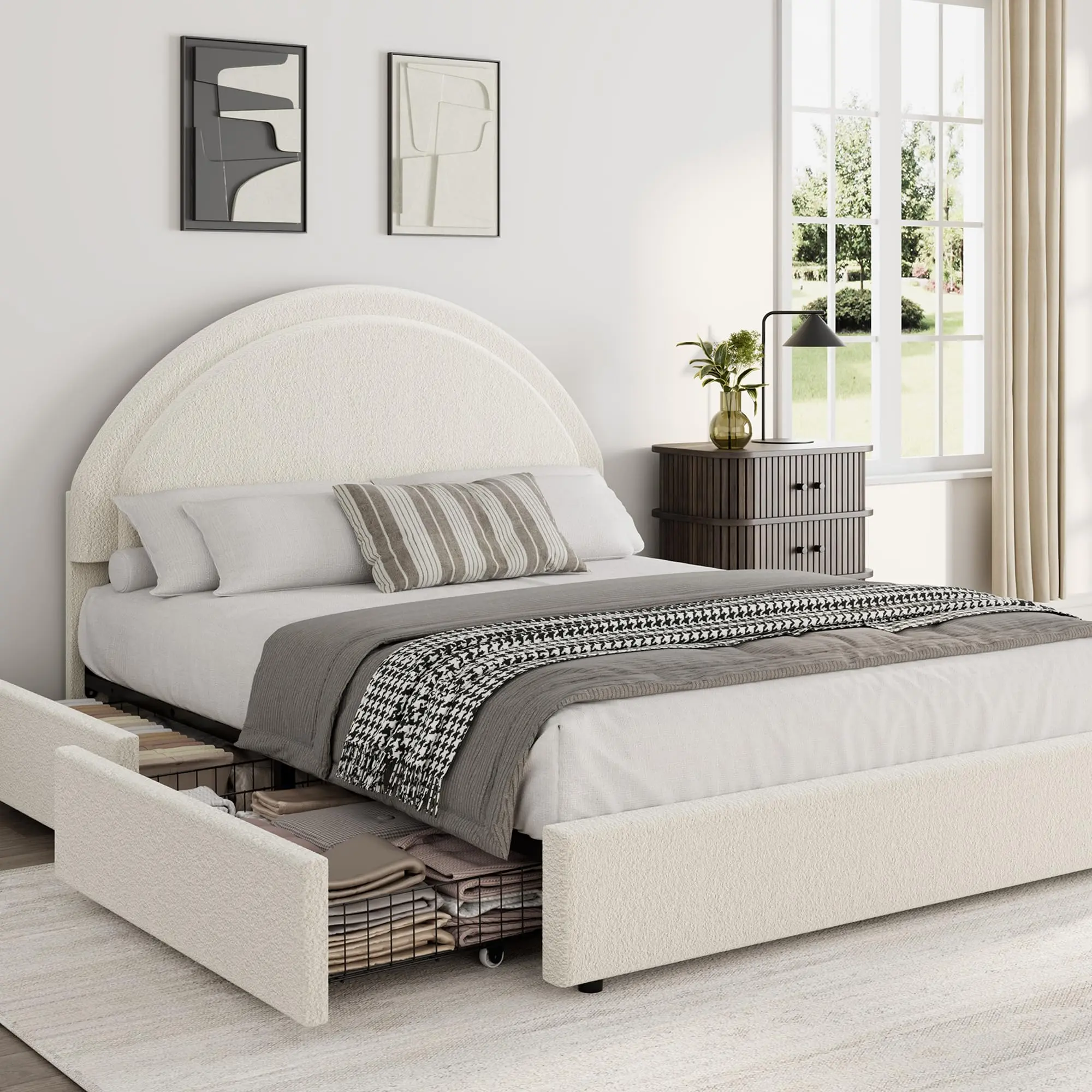 Beige Queen Size Boucle Upholstered Platform Bed Frame - Modern Cloud Bed with Round Bedroom Furniture Headboard, 2 Storage Drawers, Heavy-Duty Wooden Slats, Noise-Free, No Box Spring Needed, Modern Platform Bed