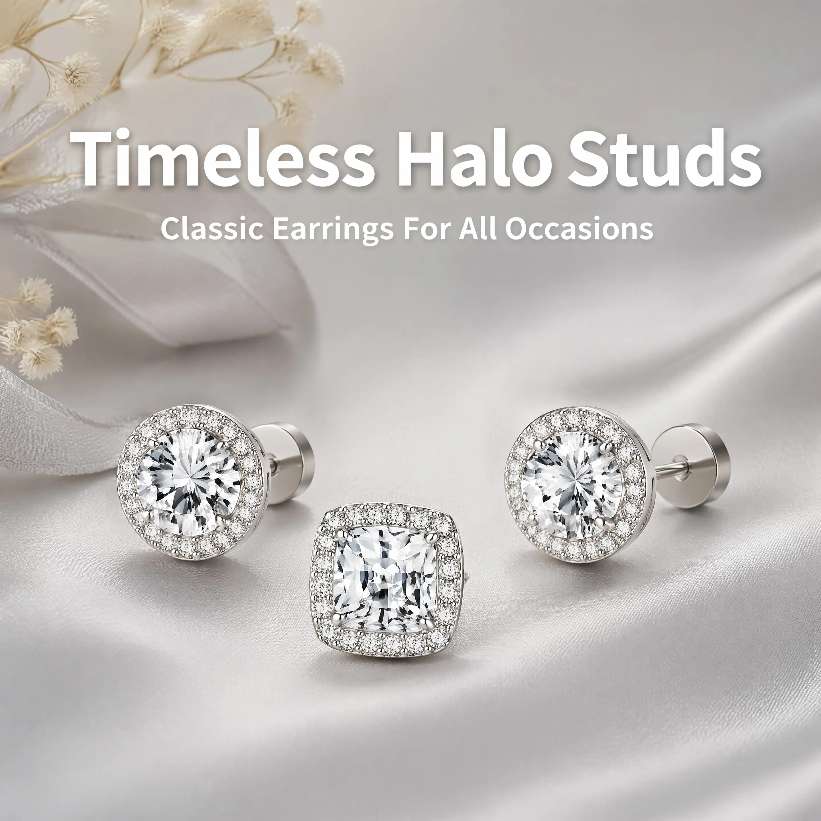 Luxury Halo Zircon Stud Earrings For Women | 4Pcs Two-Tone Gold Silver Round Square Earring Pack | Summer Daily Wedding Office Banquet Jewelry | Hypoallergenic Flat Back Dainty Sparkling With Gift Box | Birthday Valentine Anniversary Gift For Her