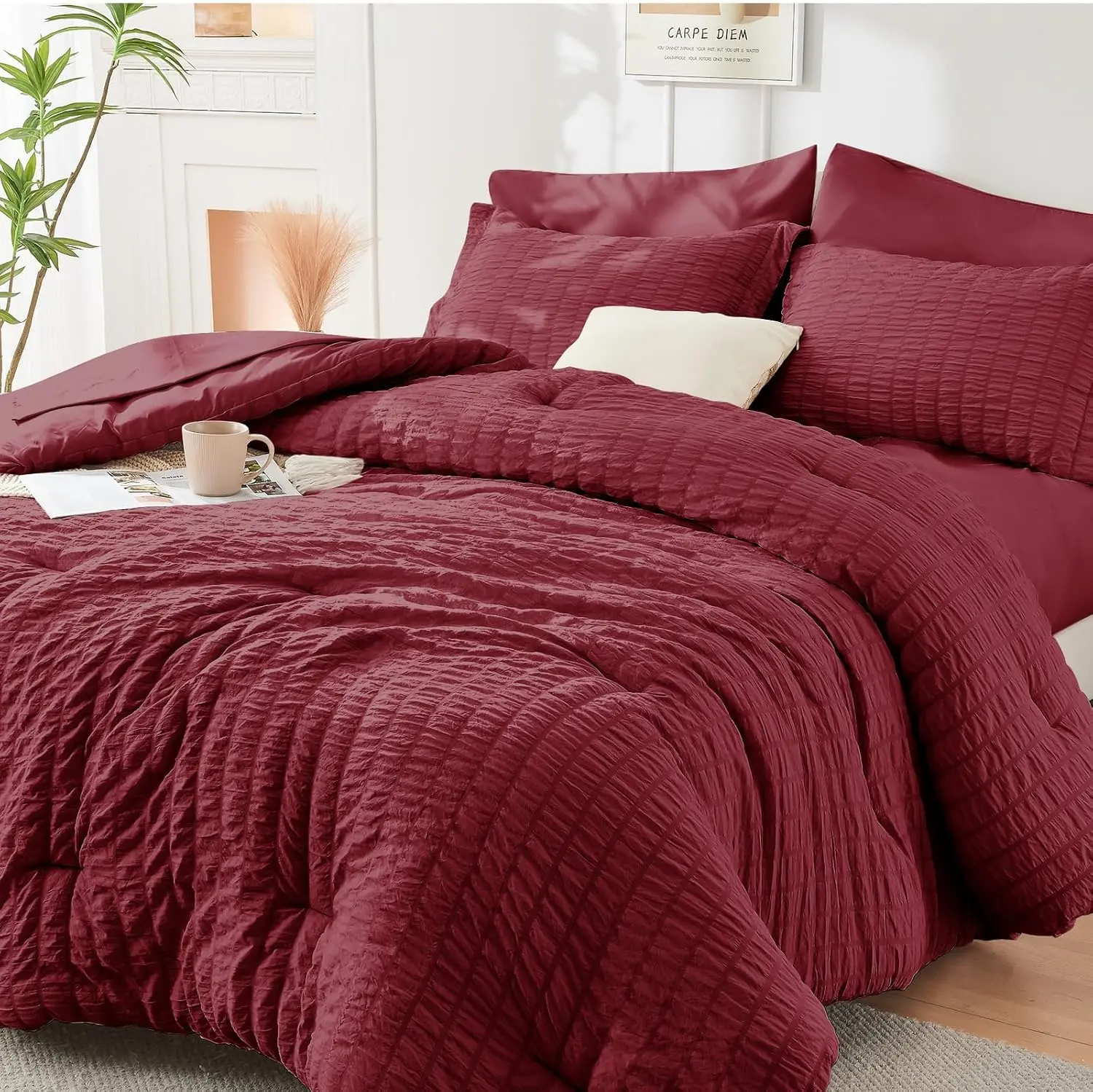 Premium 7-Piece Bedding Set for Year-Round MarshMellow ComforterComfort! Burgundy Seersucker 7 Pieces, All Season Luxury Bed in a Bag for Bedroom, Bedding Set with Comforters, Sheets, Pillowcases & Shams Comfy Bed Sets Duvet Set