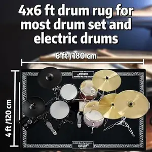 Drum Rug 4x6ft Drum Mat with Paisley Border, Tightly Woven Fabric Cool Drum Set Carpet with Non-Slip Grip Bottom, Electric Drum Accessories for Studio, Apartment, Soundproof, No Crease.