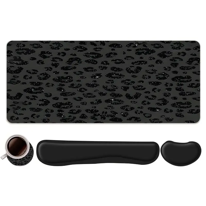 4pcs Black Leopard Print Mouse Pad + Keyboard Wrist Rest + Coaster Set, Mouse Pad And Keyboard Wrist Rest, For Desktop Decoration, Office Accessories, Ergonomic Wrist Support, Home Office Gaming, Computer Peripherals