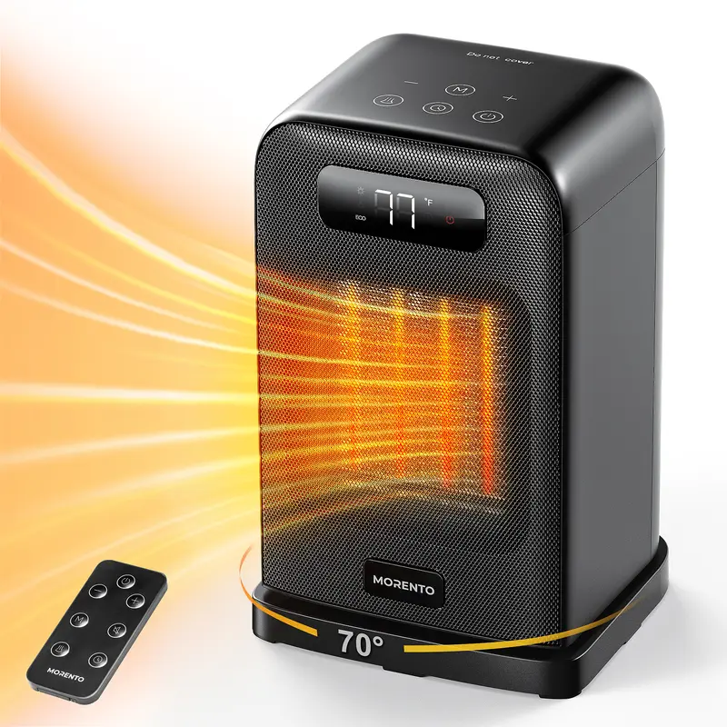 MORENTO Durable Corded Compact Home Portable Indoor Space Heater - 110V Plug, 7*7*11 inch, 1500W Max, 900w gentle heat, LED Display, Silent Operation, Adjustable Heating Temperature, Thermostat, Heat+Fan Modes, Auto Shut-Off Safety, 30s Heat Countdown