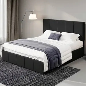 Full/Queen/King Size Dutch Velvet Upholstered Platform Bed Frame/Vertical Channel Tufted Adjustable Headboard/Low Profile Bed Frame/No Box Spring Needed/Easy Assembly, Black