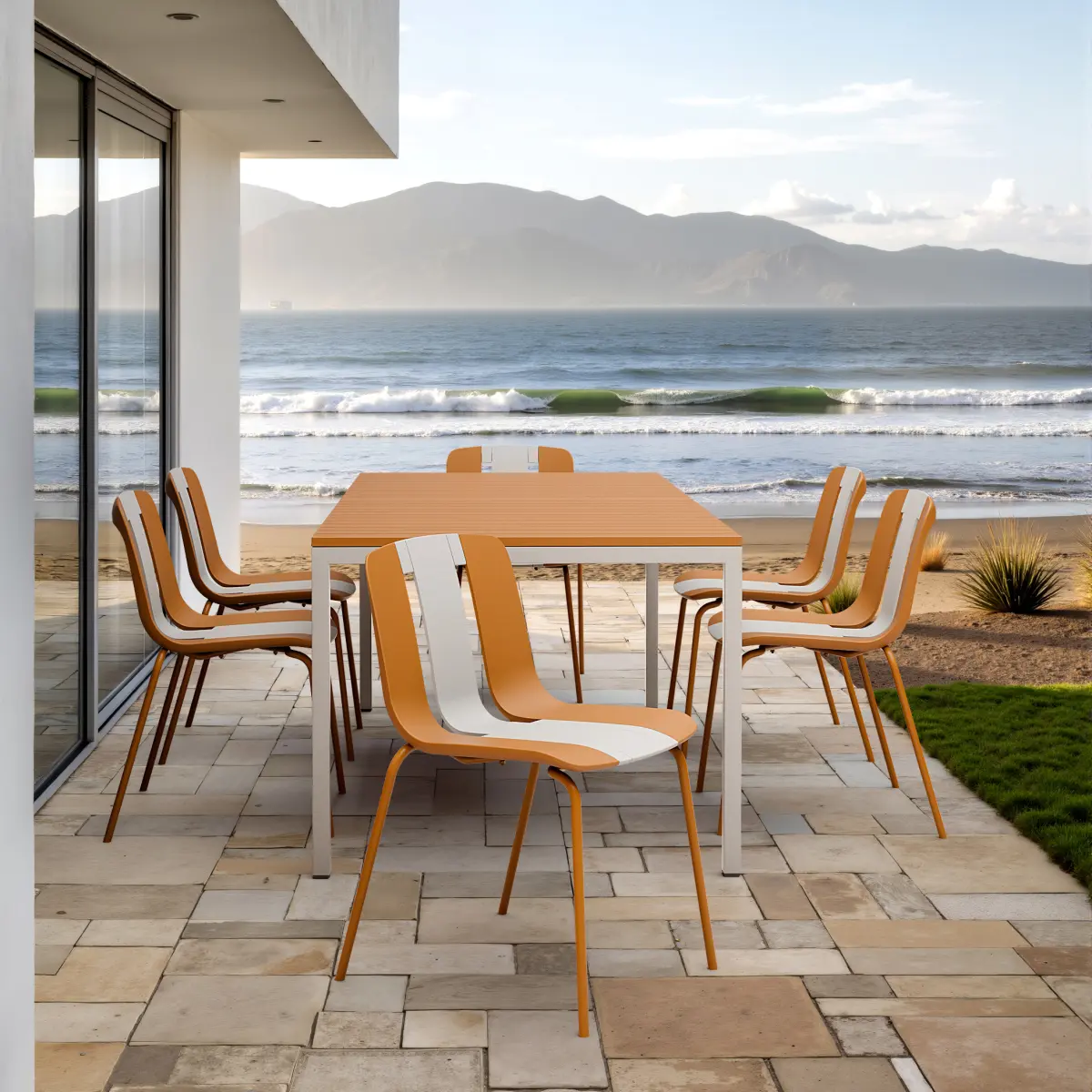 Summer - 4-Pack Modern Striped Color Block Chairs – Indoor/Outdoor PP Plastic Seat & Sturdy Metal Legs, Vibrant White, Orange, Beige – for Living Room, Balcony, Café, Teace