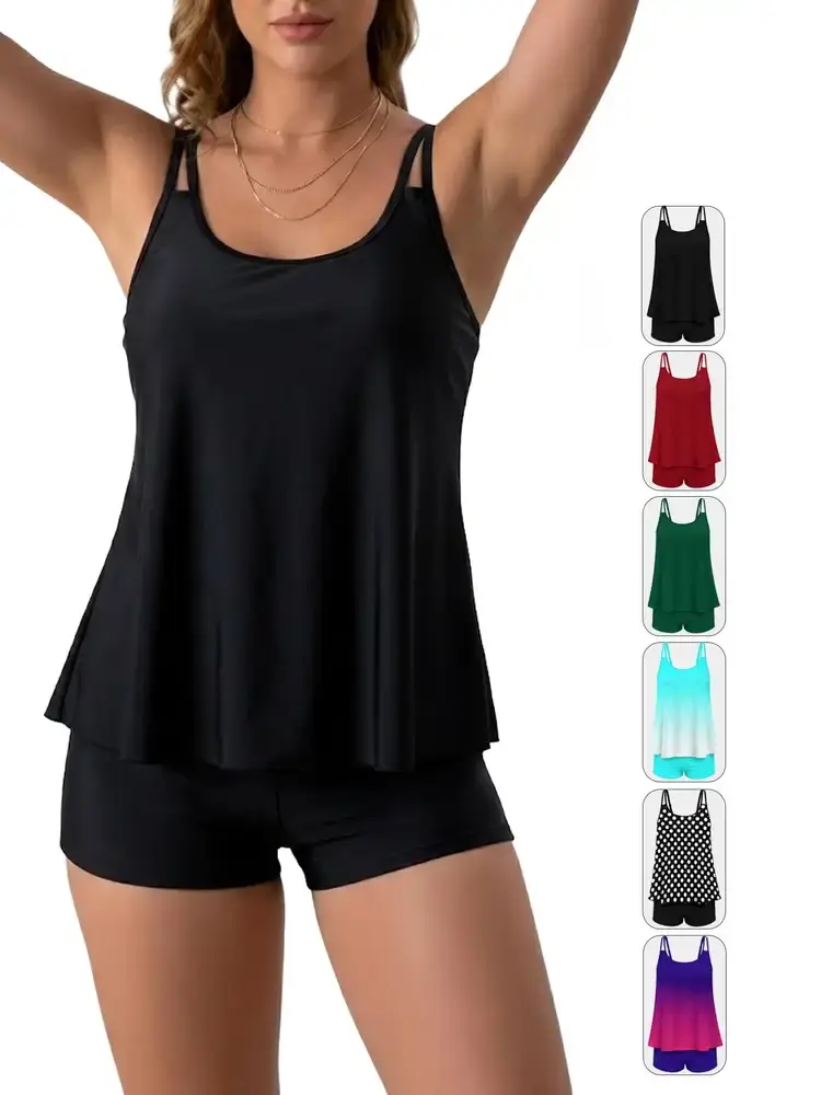 Women's 2-Piece Slimming Swimdress, Boyleg Short Bathing Suit with a Contouring Cut and Adjustable Straps for Beach Swimming, Swimsuits For Women, Water Activities, Detachable Pads, Nylon Blend, Boyleg Shorts