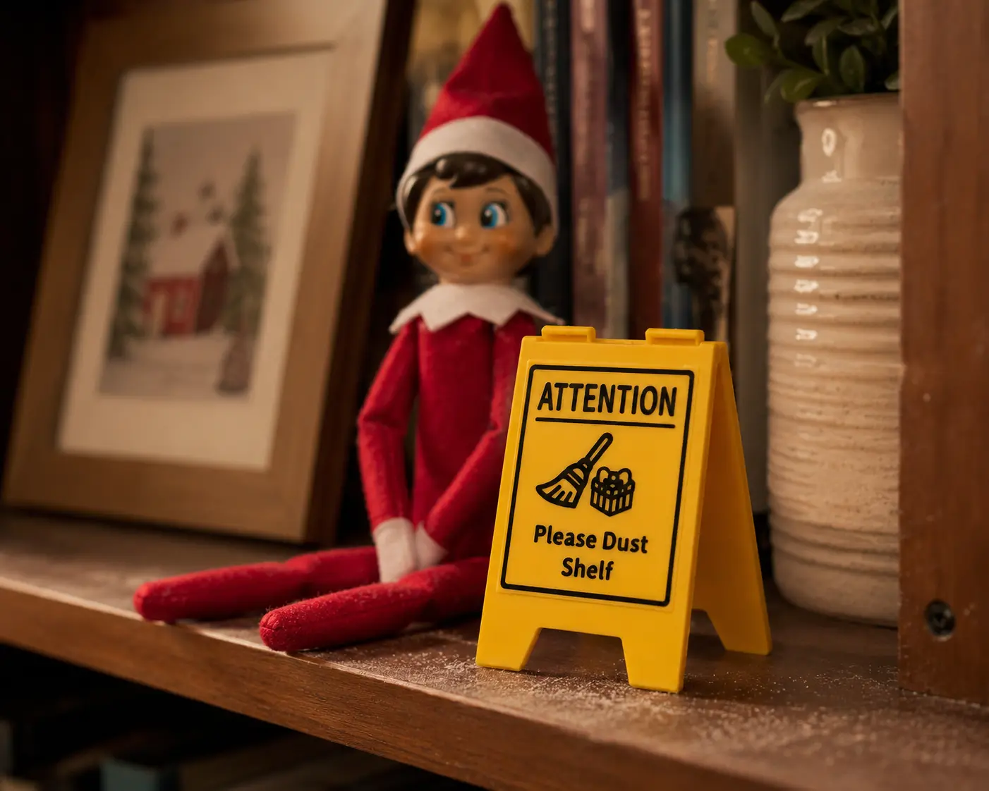 Please Dust Shelf Sign, Funny Mini Caution Prop for Elf in the Shelf, Christmas Decor