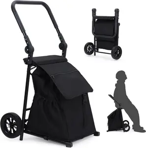 2 in 1 Foldable Shopping Cart with Wheels, 330 Lbs Utility Carts with Seat, Adjustable Hand Truck with Waterproof Tote Bag for Shopping