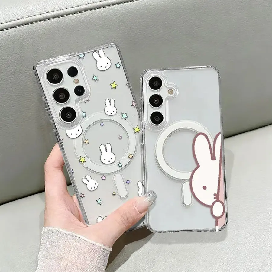 Phone Case - Fashion New Model Cartoon Rabbit Pattern Transparent Strong Magnetic Wireless Charging Phone Case, For Samsung Galaxy S26Ultra/S25/S24/S23FE/S22Plus/Ultra/A56/A54/A36/A35/A16/A15/A14Hard Back And Soft Edge Protective Cover