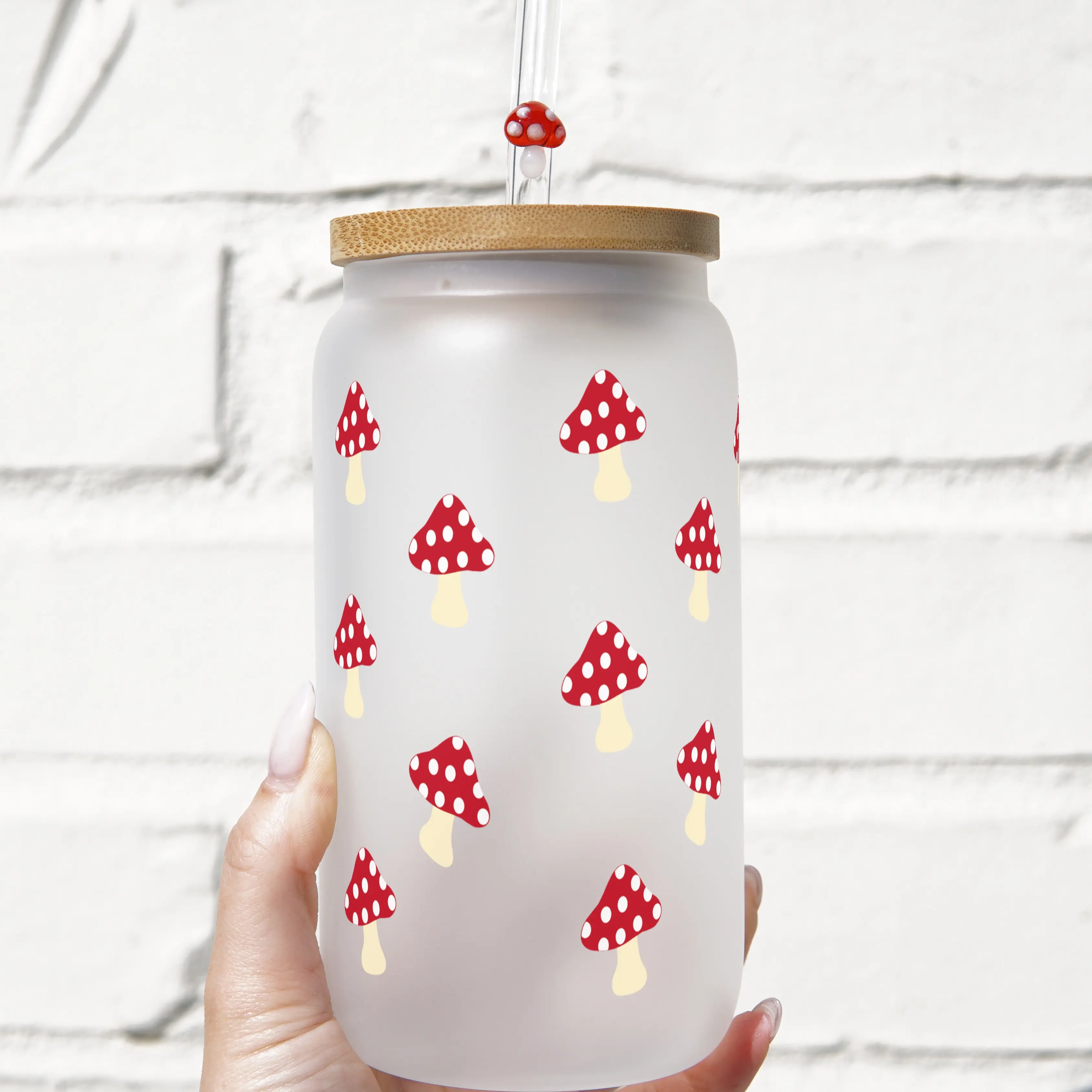 Red Mushroom 40oz Glass Tumbler with Lid and Straw, Iced Coffee Drinkware, Gift for Her, Acrylic Tumbler, water bottle for women, iced coffee cup, Mug