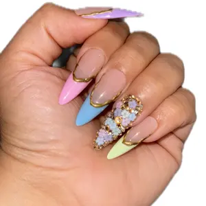 Multicolor Floral Gold French Nails with Colorful Accents and Floral Design