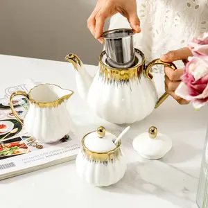 Ceramic Teapot with Lid & Handle, 1 Count European Style Tea Pot with Filter Or 3 Counts/set Sugar Jar & Spoon & Jar, Tea Making Tool for Home Office Use, Gift for Friend, Serving