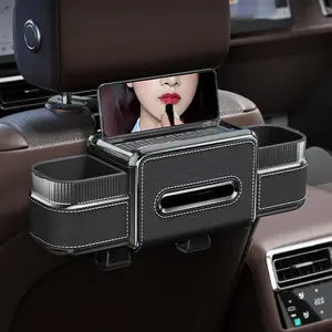 Multifunctional Car Seat Back Organizer, Car Headrest Storage Box with Tissue Holder, Cup Holder, Phone Stand, Hidden Mirror, Hooks for Backseat Travel