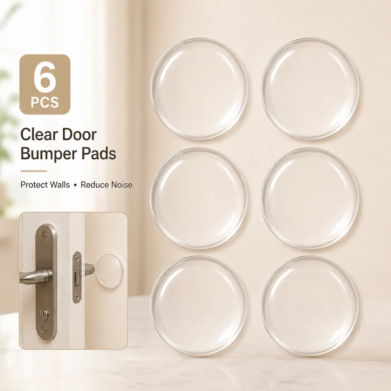 6-Pack 2in Self-Adhesive Silicone Furniture Pads, 5mm Thick Door Wall Protector Pads, Easy Peel-and-Stick Installation, Impact-Absorption Noise-Reduction Bumper Guards for Bedroom Cabinets