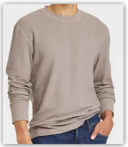 Goodfellow & Co Men's Plain Waffle Knit Thermal Long-Sleeve Round Neck Tops - Menswear Clothes, Warm Grey, Size XXL