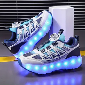 Boys' LED Light-Up Roller Skate Sneakers Rechargeable Breathable Mesh Upper Easy Twist Buckle Closure All-Season Outdoor Casual Shoes with Glowing Blue LED Lights Skate Shoes Thick Soled Eva Trainer Footwear - Skater