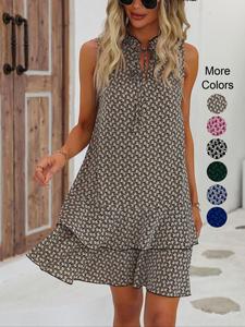 women's all over geometric print frill trim tie neck tiered layer ruffle hem tank dress, bohemian breathable casual sleeveless short dress for summer, ladies clothes for beach holiday vacation, womenswear, boho clothes women