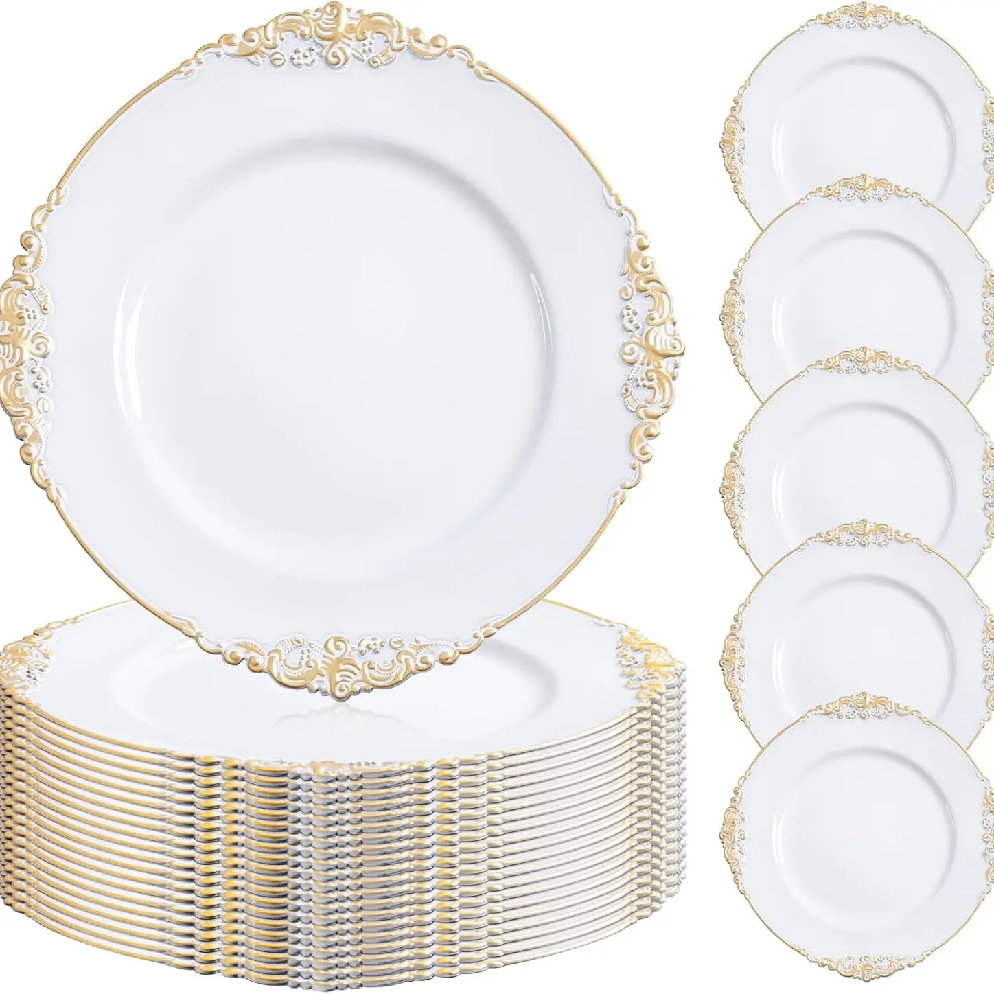 13 Inch Round Plastic Charger Plates with Rim, Vintage Reusable Decorative Serving Plates for Weddings & Events, Plastic Plates For Party