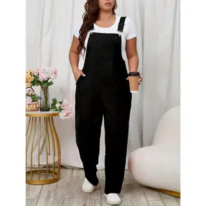 Plus Size Chic Solid Buckle Overall Jumpsuit - Sleeveless, Casual, Pocketed, Comfortable, Easy Wear - Women's Fashion Clothing for Curvy Figures Strappy Womenswear Basic Elegant Athletic Workout Romper Fitted Minimalist