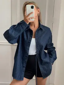 Striped Single Button Denim Side Tie Shirt Blouse, Versatile Daily Wear, Perfect with Jeans Jacket, Fall Women's Fashion
