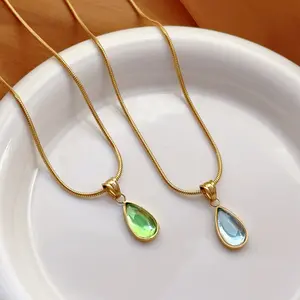 Gentle French Clear Green Water Drop Blue Ocean Necklace Clavicle Chain Fashionable Personality Titanium Steel Gold-Plated Snake Bone Necklace, Suitable For Simple And Gentle Style, Best Gift For Girlfriends And Lovers