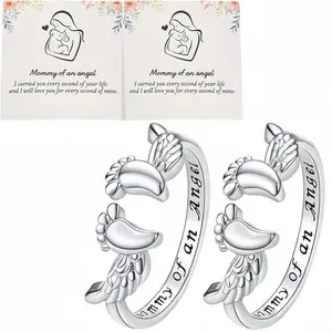 “Mommy of an Angel” Adjustable Ring – Angel Wing & Footprint Memorial Design, Pregnancy Loss Sympathy Jewelry, Forever Love Remembrance Ring for Mothers, Comforting Gift for Women