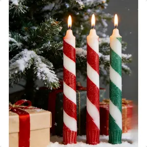 3pcs Large Christmas Glitter Taper Candles - Soy Wax Striped Flameable Candlesticks Suitable for Parties, Dinner Decor & Vintage Gift Box - Traditional Candles for Fireplace, Table Centerpieces (No Container)