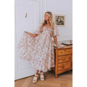 Women's Exclusive Premium Fabric Corseted Midi Dress - Floral Puff Sleeves, Tiered Ruffles, Romance Casual Wear, Puff Sleeve, Corseted Casual Dresses