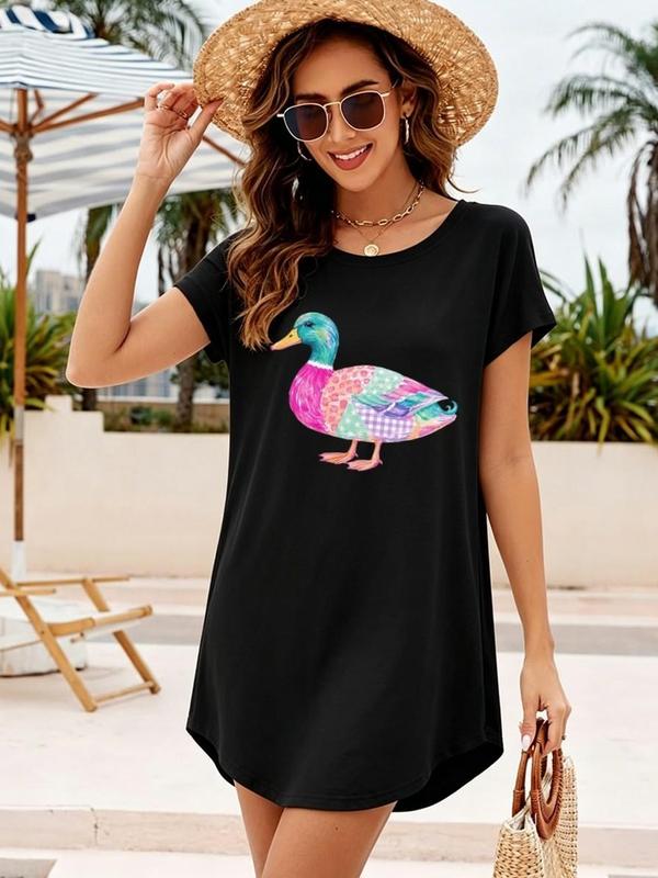 Women's Elegant Animal Motif Multicolor Patchwork Crew Neck A-Line T-Shirt Dress - Blended Fabric, Soft, Breathable, Lightweight A-Type Pull-On Relaxed Cut Mini Tunic with Boho Mallard Duck Graphic for Everyday, Beach Wear