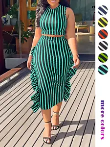 Elegant Women's Two-Piece Set, Striped Print Round Neck Sleeveless Top, Ruffled High-Waisted Skirt, Casual Slim-Fit Suit, Womenswear, Casual Matching Sets