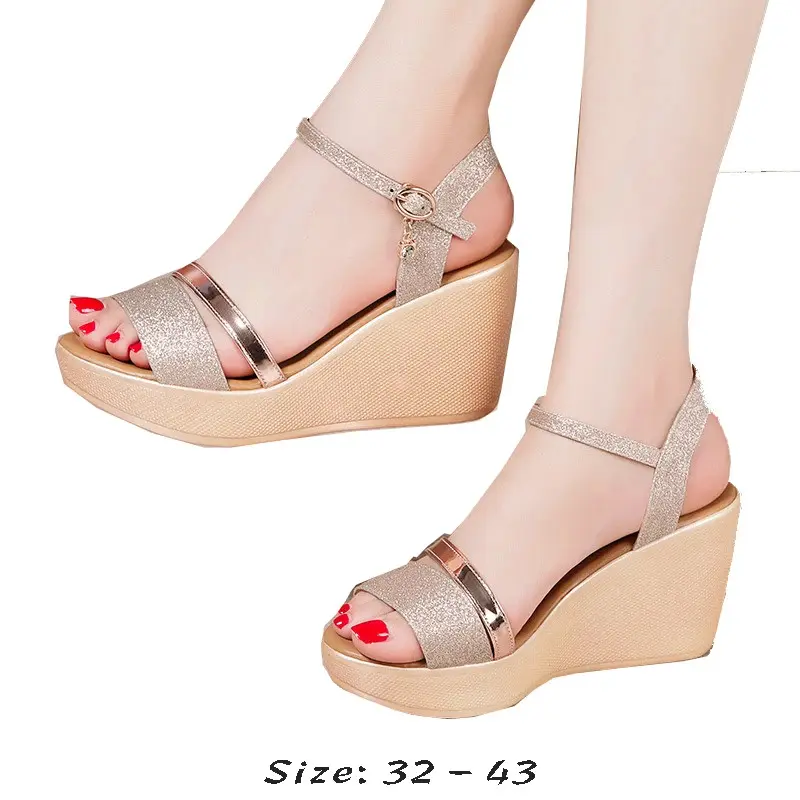High quality wedge sandals for women 8cm high heel 2025 summer size platform open toe elegant shoe - black gold silver Girl Classy