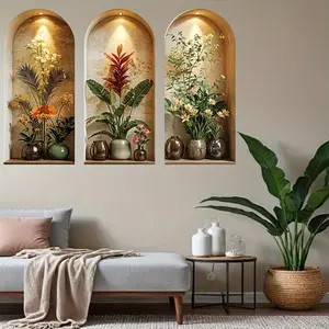3-Piece Arched Window Plant Floral Wall Stickers, Wall Decal, Flower Wall Decals, Tropical Flower Decorative PVC Self-Adhesive Wall Art for Living Room, Bedroom & Dining Room