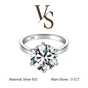 [Venus Jewelry] Synthetic Moissanite 5 CCT Round Cut Solitare VVS1 D Color Solid Silver 925 Ring