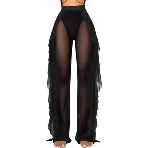 Jumppmile Women'S Ruffle Sheer Mesh Swimwear Bikini Cover up Pants See Through Jumppmile