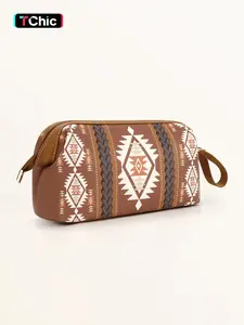 Ethnic Style Bohemian Aztec Travel Makeup Bag, Makeup Organizer Pouch, Travel Cosmetic Bag, Large Capacity, Portable, Spacious, Organized, Wrist Strap, Easy-Open Design, Women On-The-Go