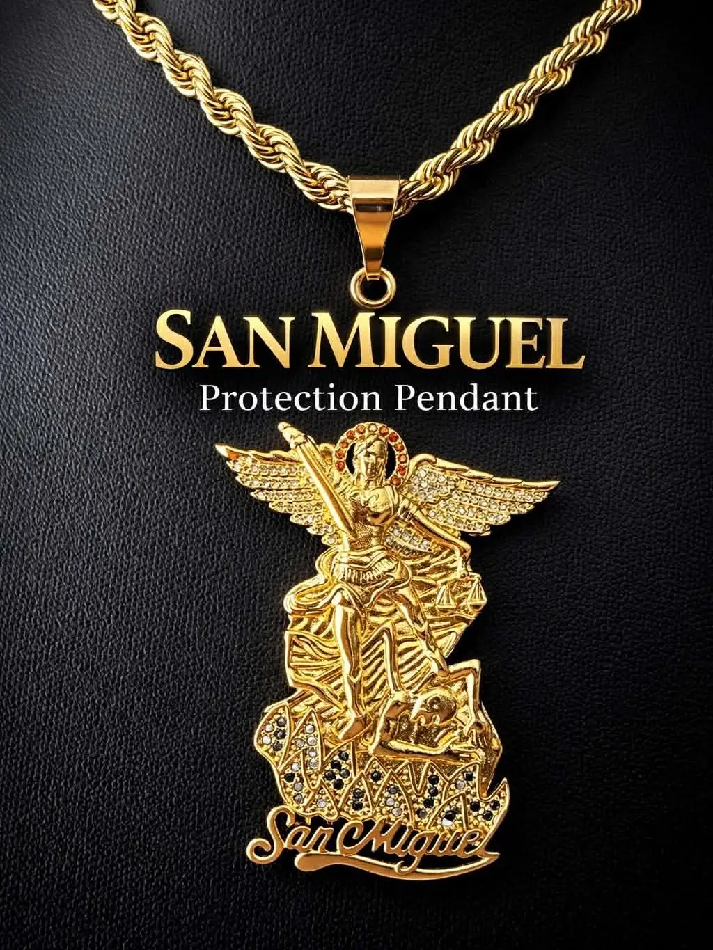 San Miguel Arcangel Bling White Pendant - Crystal Pendant with Rope Torch Chain 4mm/20" - San Miguel Medal - Religious Jewelry Unisex Piece - St. Michael Pendant Charm for All Occasions