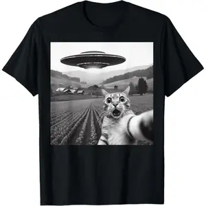 Humorous Cat Selfie with Alien UFO TShirt Perfect for Men Women and Kids