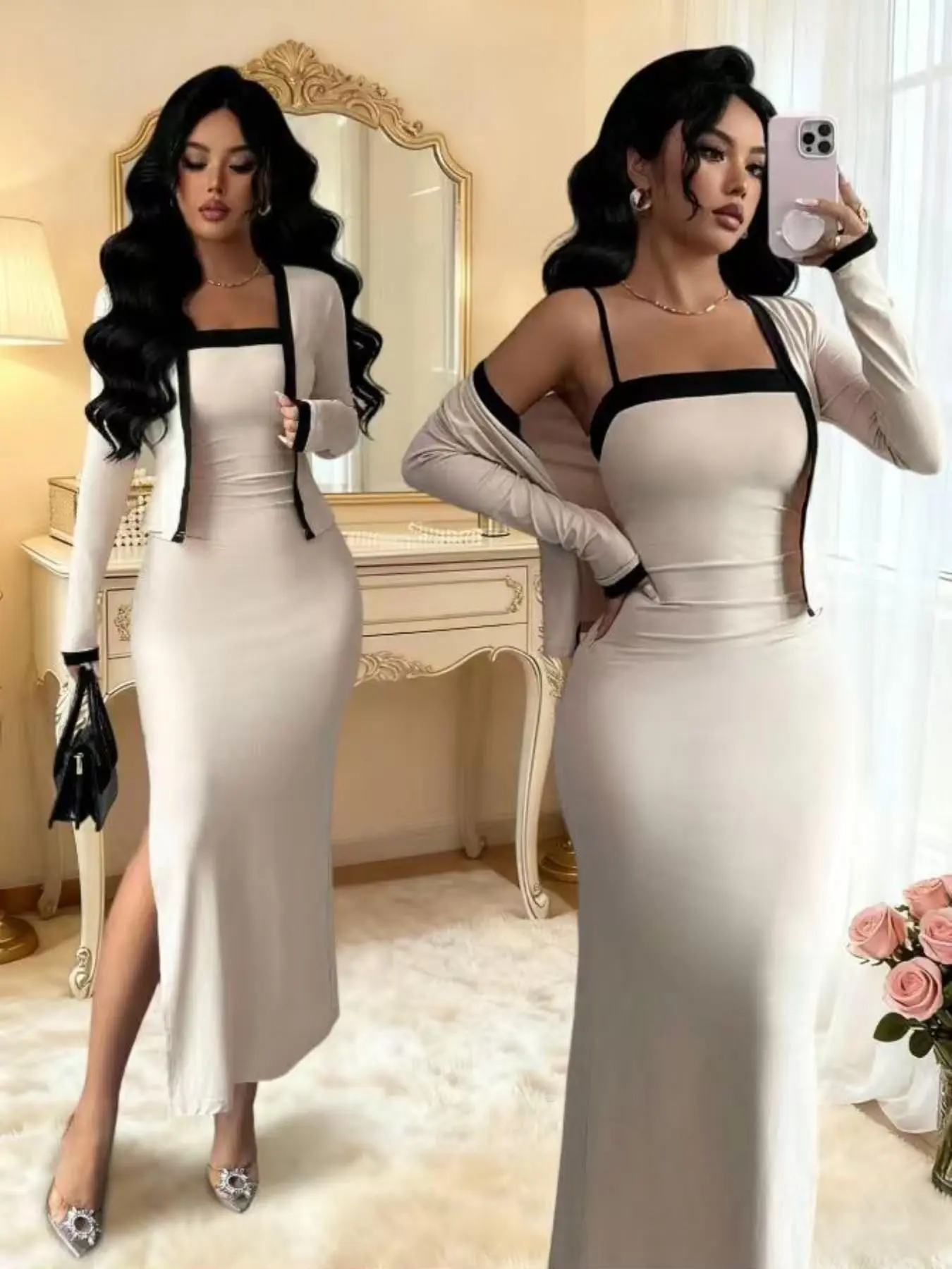 Elegant Two-Piece Women's Colorblock Long Sleeve Cardigan and Tank Dress Set, Perfect for Parties, Holidays, Daily Wear, Formal Wear, Elegant Evening Wear