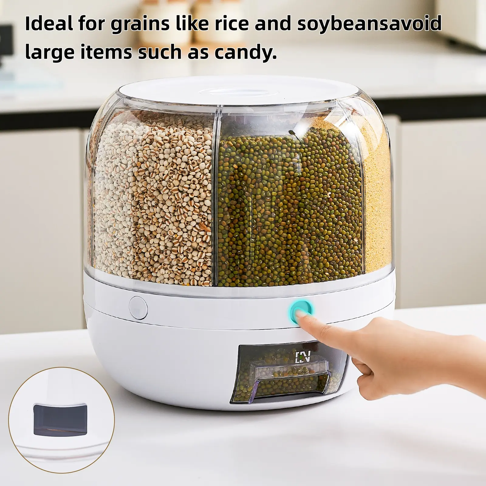 UFORU-Moisture-Proof Grain Dispenser with lid, Proof & Insect-Proof, Durable Plastic,Transparent Drawer,360°Rotating Design, Multi-Grid Large Capacity Grain Storage ContainerPerfect for Rice, Grains, Cereals, Flour, Pet Food & Mini Candies Kitchen Gadgets